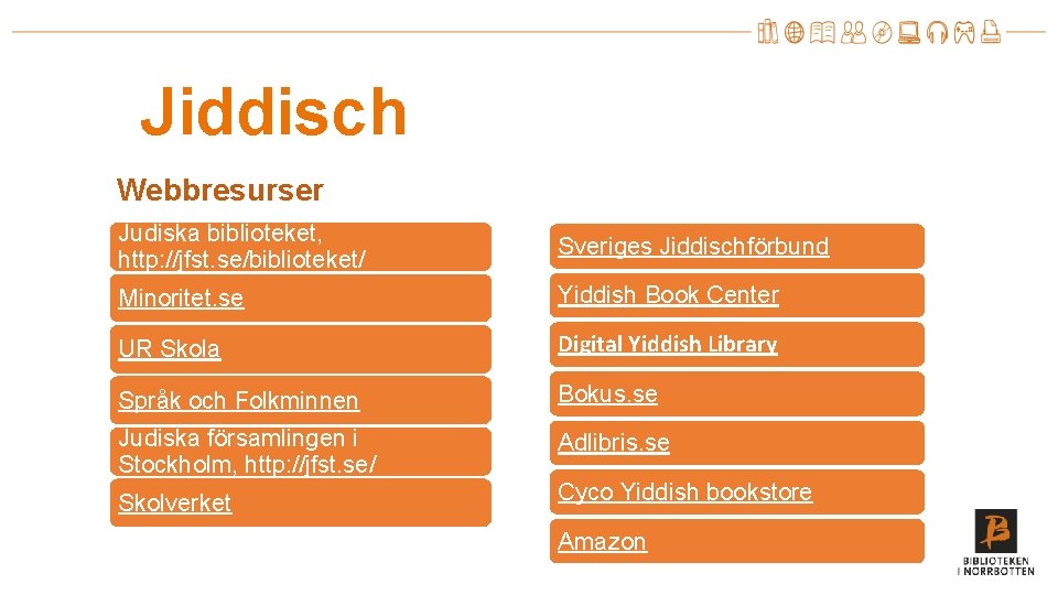 Jiddisch Webbresurser Judiska biblioteket, http: //jfst. se/biblioteket/ Sveriges Jiddischförbund Minoritet. se Yiddish Book Center