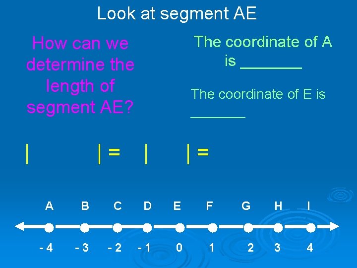 Look at segment AE The coordinate of A is _______ How can we determine