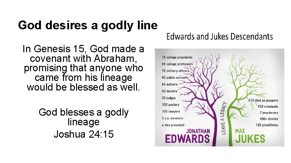 God desires a godly line In Genesis 15, God made a covenant with Abraham,