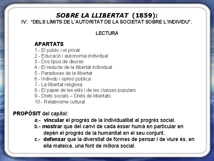 SOBRE LA LLIBERTAT (1859): IV: “DELS LÍMITS DE L’AUTORITAT DE LA SOCIETAT SOBRE L’INDIVIDU”.