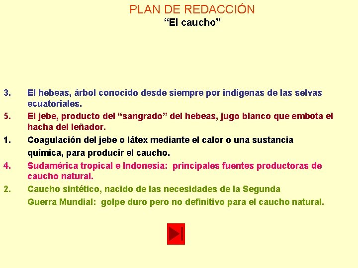 PLAN DE REDACCIÓN “El caucho” 3. 5. 1. 4. 2. El hebeas, árbol conocido PLAN DE REDACCIÓN “El caucho” 3. 5. 1. 4. 2. El hebeas, árbol conocido