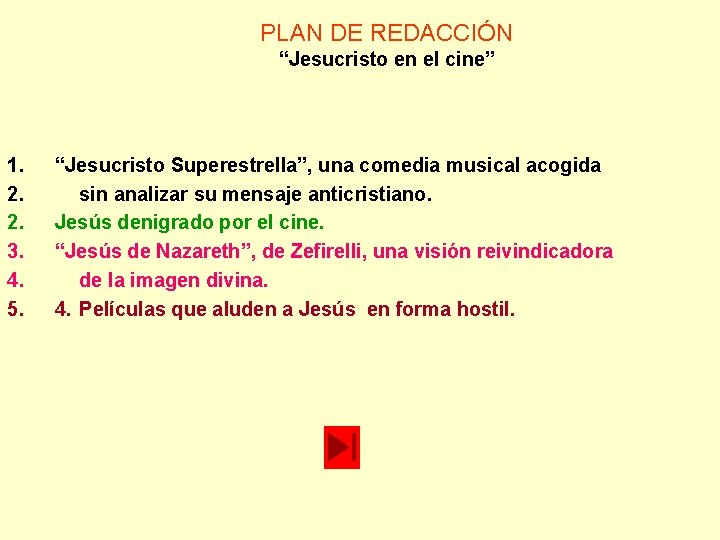 PLAN DE REDACCIÓN “Jesucristo en el cine” 1. 2. 2. 3. 4. 5. “Jesucristo PLAN DE REDACCIÓN “Jesucristo en el cine” 1. 2. 2. 3. 4. 5. “Jesucristo