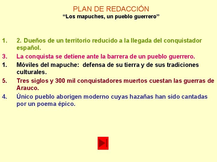 PLAN DE REDACCIÓN “Los mapuches, un pueblo guerrero” 1. 3. 1. 5. 4. 2. PLAN DE REDACCIÓN “Los mapuches, un pueblo guerrero” 1. 3. 1. 5. 4. 2.