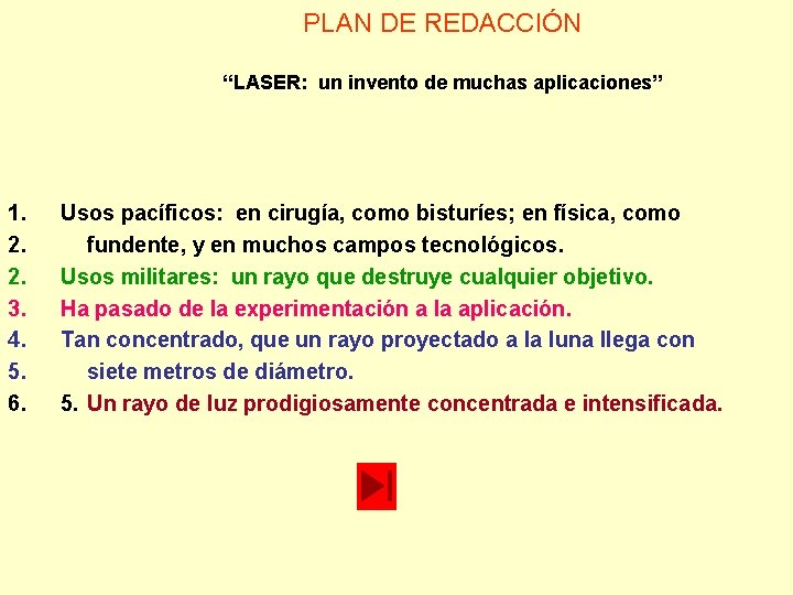 PLAN DE REDACCIÓN “LASER: un invento de muchas aplicaciones” 1. 2. 2. 3. 4. PLAN DE REDACCIÓN “LASER: un invento de muchas aplicaciones” 1. 2. 2. 3. 4.