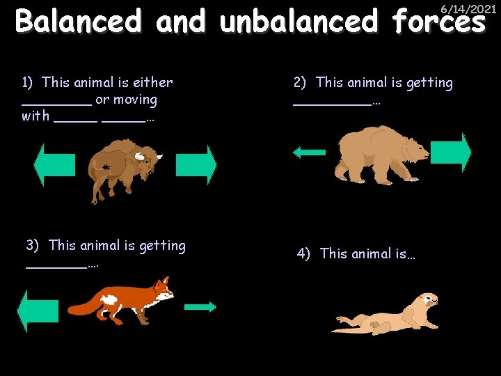 Balanced and unbalanced forces 6/14/2021 1) This animal is either ____ or moving with