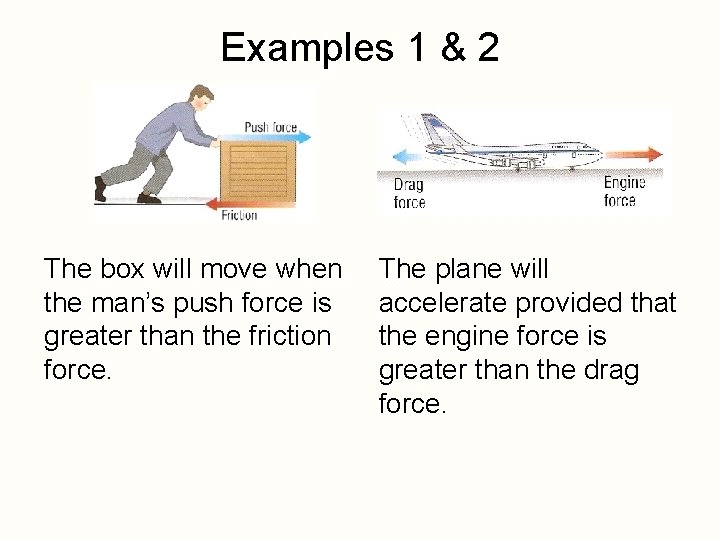 Examples 1 & 2 The box will move when the man’s push force is