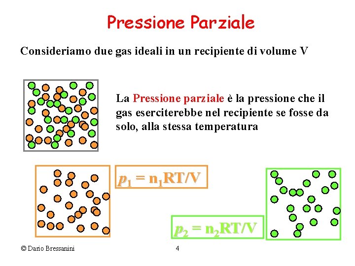 Pressione Parziale Consideriamo due gas ideali in un recipiente di volume V La Pressione