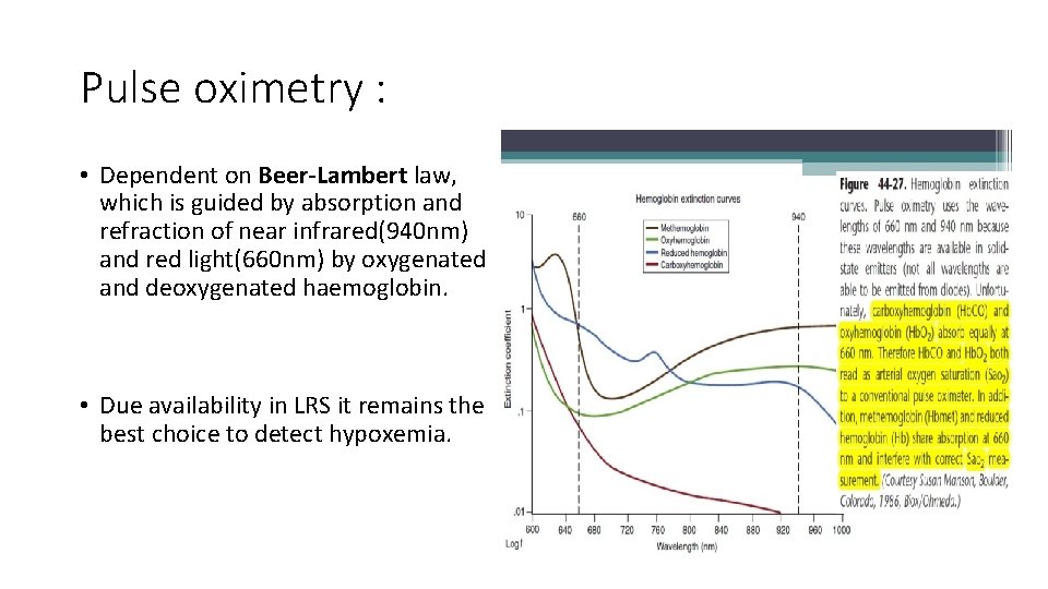 Pulse oximetry : • Dependent on Beer-Lambert law, which is guided by absorption and