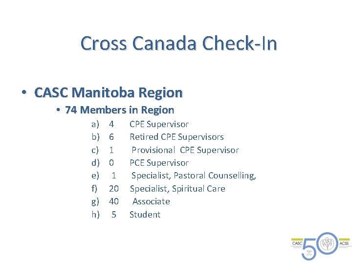 Cross Canada Check-In • CASC Manitoba Region • 74 Members in Region a) b) Cross Canada Check-In • CASC Manitoba Region • 74 Members in Region a) b)