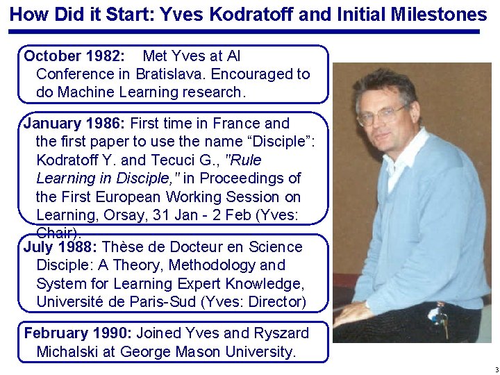 How Did it Start: Yves Kodratoff and Initial Milestones October 1982: Met Yves at