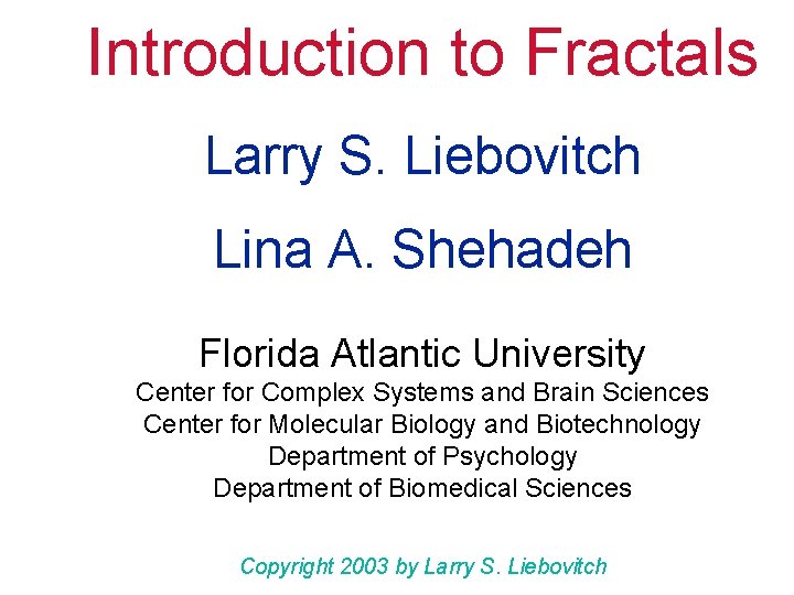 Introduction to Fractals Larry S. Liebovitch Lina A. Shehadeh Florida Atlantic University Center for