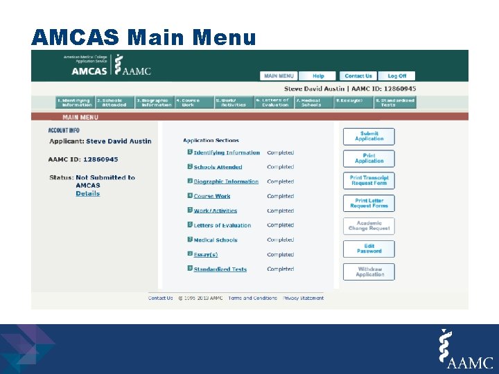 AMCAS Main Menu 