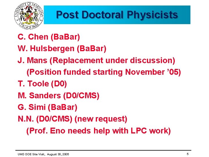 Post Doctoral Physicists C. Chen (Ba. Bar) W. Hulsbergen (Ba. Bar) J. Mans (Replacement Post Doctoral Physicists C. Chen (Ba. Bar) W. Hulsbergen (Ba. Bar) J. Mans (Replacement