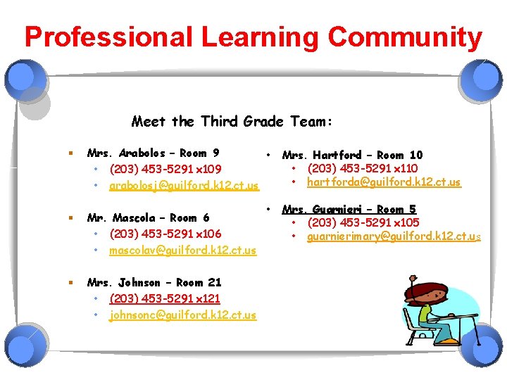 Professional Learning Community Meet the Third Grade Team: § Mrs. Arabolos – Room 9