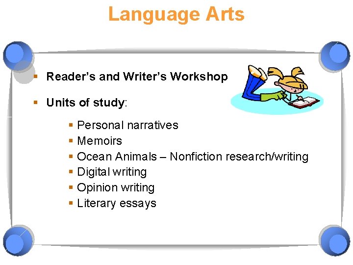 Language Arts § Reader’s and Writer’s Workshop § Units of study: § Personal narratives