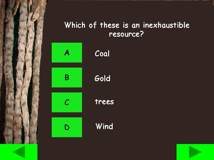 Which of these is an inexhaustible resource? A Coal B Gold C trees D