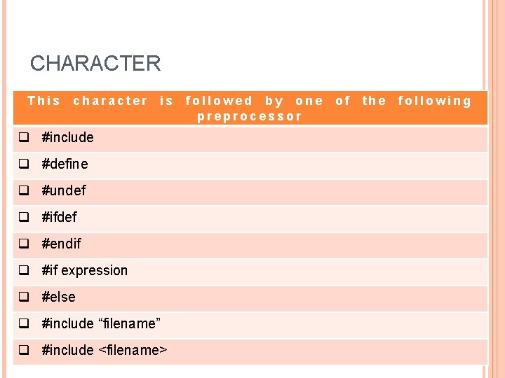 CHARACTER This character is q #include q #define q #undef q #ifdef q #endif