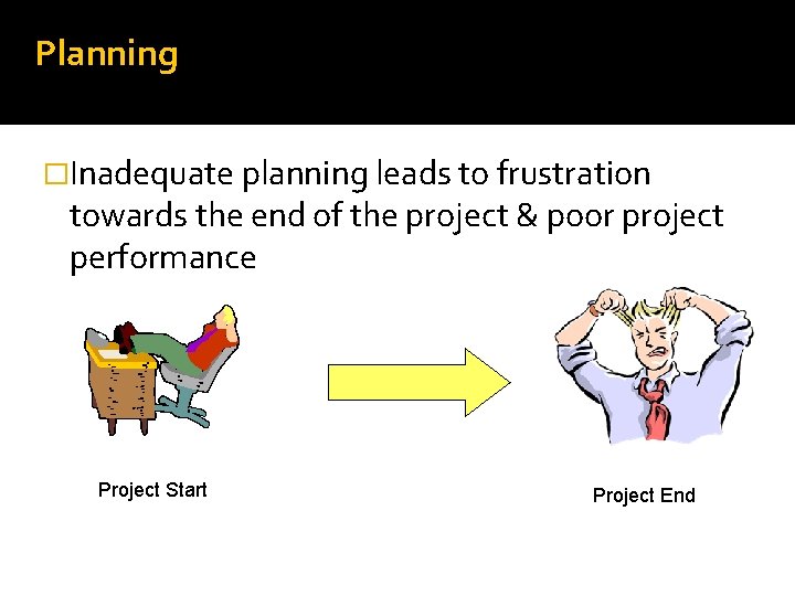 Planning �Inadequate planning leads to frustration towards the end of the project & poor