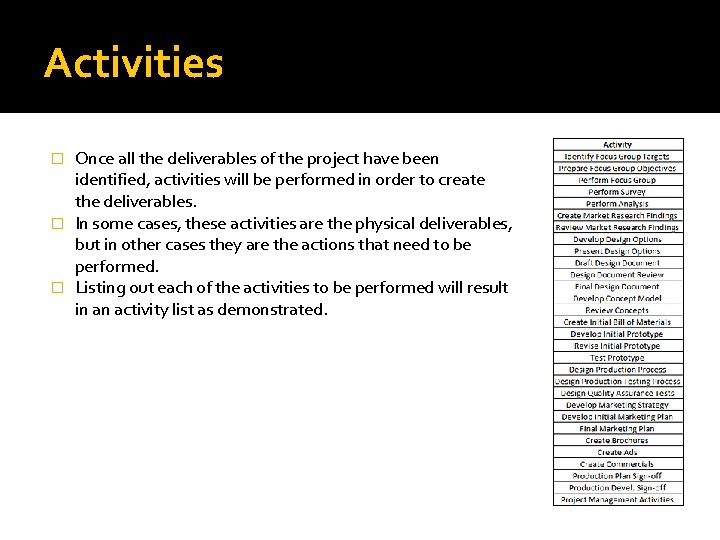 Activities Once all the deliverables of the project have been identified, activities will be