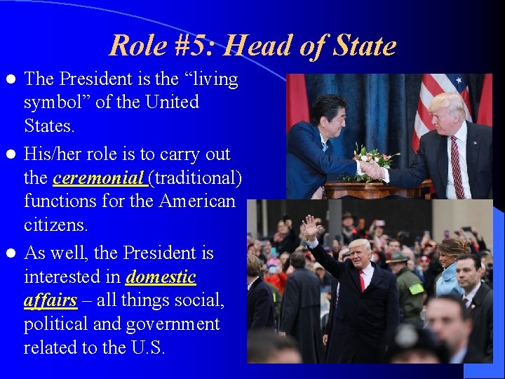 Role #5: Head of State The President is the “living symbol” of the United