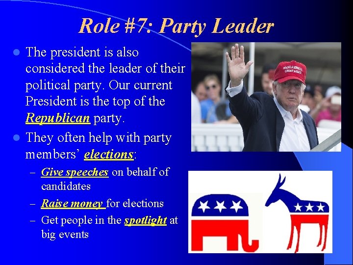 Role #7: Party Leader The president is also considered the leader of their political