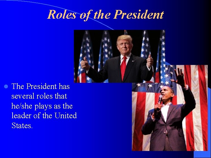 Roles of the President l The President has several roles that he/she plays as