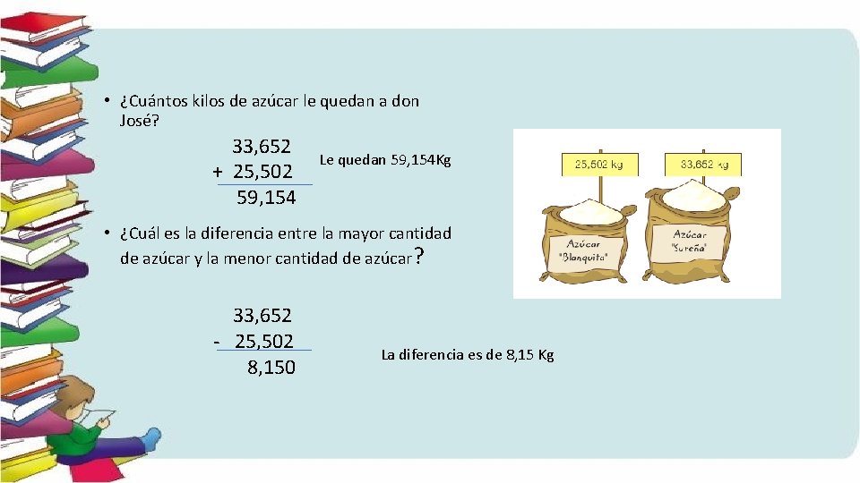  • ¿Cuántos kilos de azúcar le quedan a don José? 33, 652 +