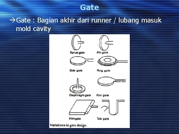 Gate àGate : Bagian akhir dari runner / lubang masuk mold cavity 