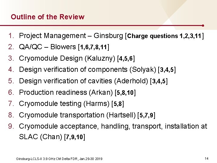 Outline of the Review 1. Project Management – Ginsburg [Charge questions 1, 2, 3,