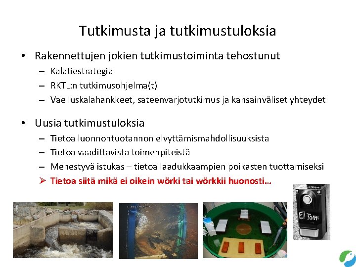 Tutkimusta ja tutkimustuloksia • Rakennettujen jokien tutkimustoiminta tehostunut – Kalatiestrategia – RKTL: n tutkimusohjelma(t)