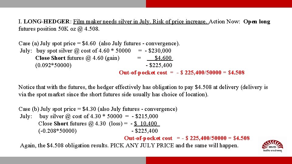 I. LONG-HEDGER: Film maker needs silver in July. Risk of price increase. Action Now: