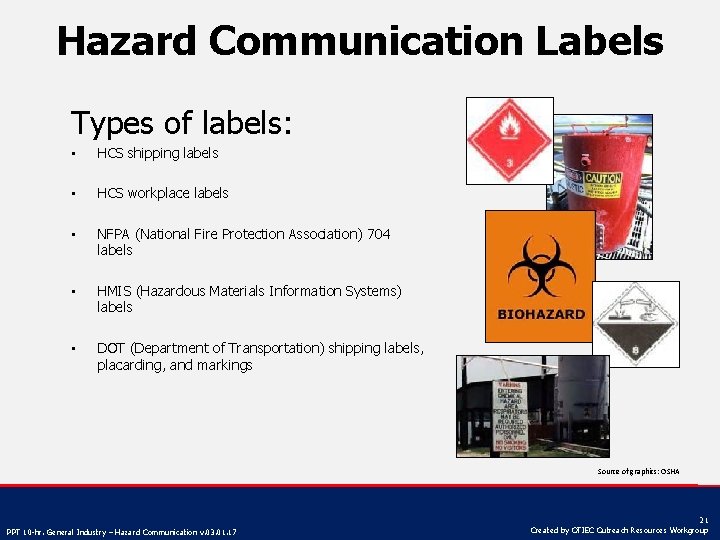Hazard Communication Labels Types of labels: • HCS shipping labels • HCS workplace labels