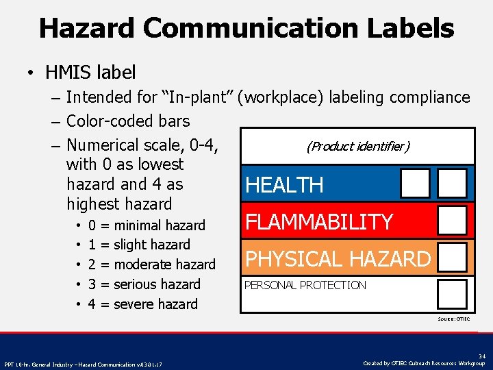 Hazard Communication Labels • HMIS label – Intended for “In-plant” (workplace) labeling compliance –