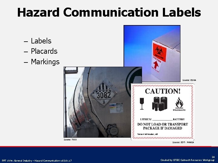 Hazard Communication Labels – Placards – Markings Source: OSHA Source: TEEX PPT 10 -hr.