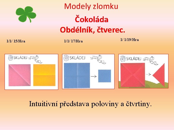 Modely zlomku Čokoláda Obdélník, čtverec. 1/1/ 15/Hra 1/1/ 17/Hra 1/ 1/19/Hra Intuitivní představa poloviny