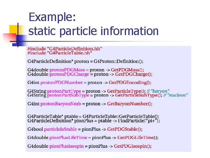 Example: static particle information 