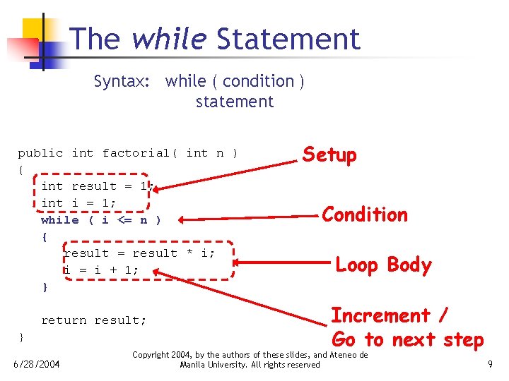 The while Statement Syntax: while ( condition ) statement public int factorial( int n