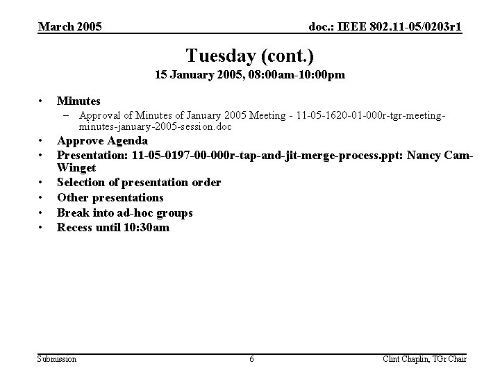 March 2005 doc. : IEEE 802. 11 -05/0203 r 1 Tuesday (cont. ) 15