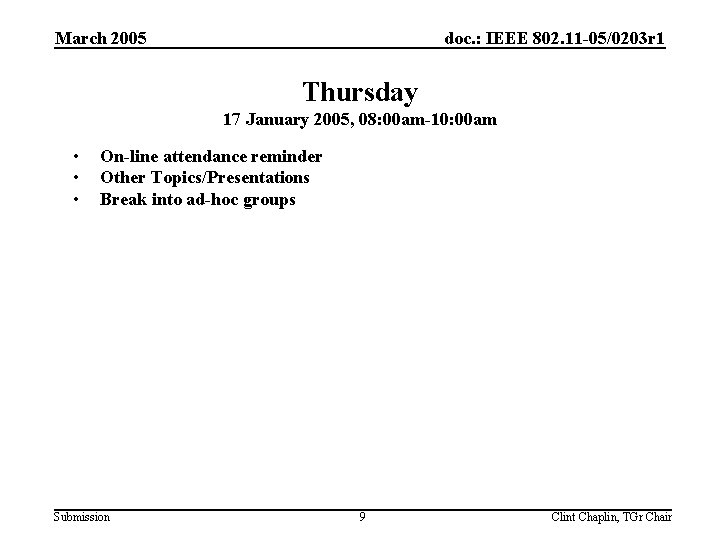 March 2005 doc. : IEEE 802. 11 -05/0203 r 1 Thursday 17 January 2005,