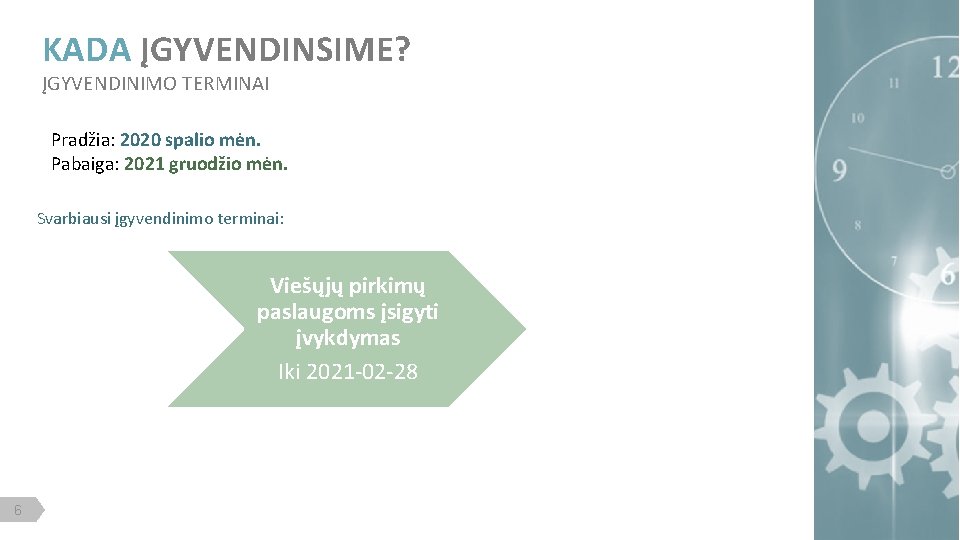 KADA ĮGYVENDINSIME? ĮGYVENDINIMO TERMINAI Pradžia: 2020 spalio mėn. Pabaiga: 2021 gruodžio mėn. Svarbiausi įgyvendinimo