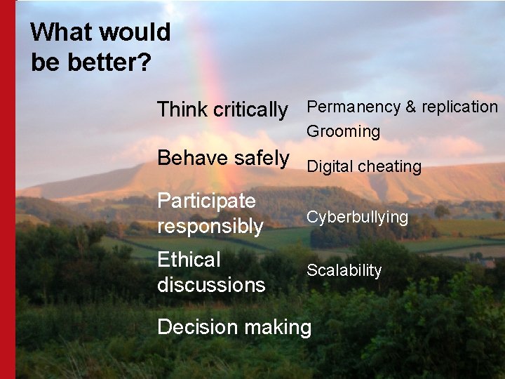 What would be better? Think critically Permanency & replication Grooming Behave safely Digital cheating