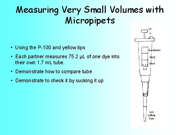 Measuring Very Small Volumes with Micropipets • Using the P-100 and yellow tips •