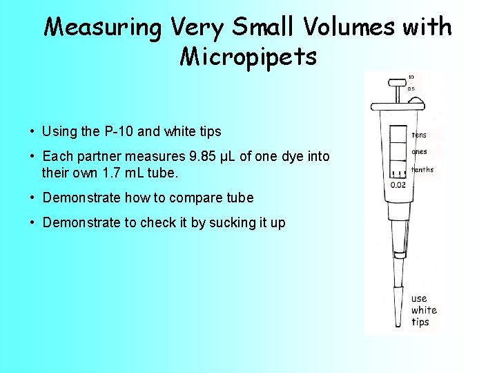 Measuring Very Small Volumes with Micropipets • Using the P-10 and white tips •