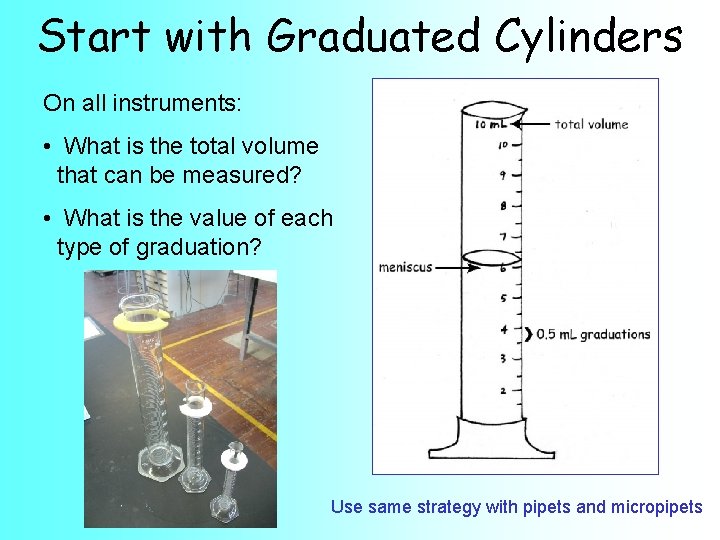 Start with Graduated Cylinders On all instruments: • What is the total volume that
