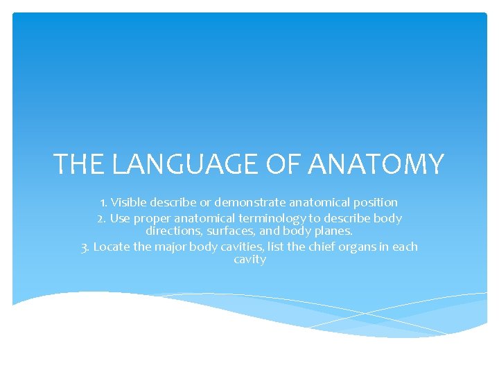 THE LANGUAGE OF ANATOMY 1. Visible describe or demonstrate anatomical position 2. Use proper
