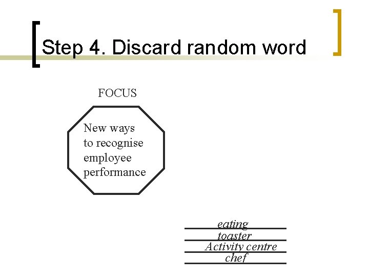 Step 4. Discard random word FOCUS New ways to recognise employee performance RANDOM WORD