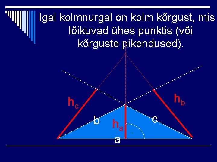 Igal kolmnurgal on kolm kõrgust, mis lõikuvad ühes punktis (või kõrguste pikendused). hb hc