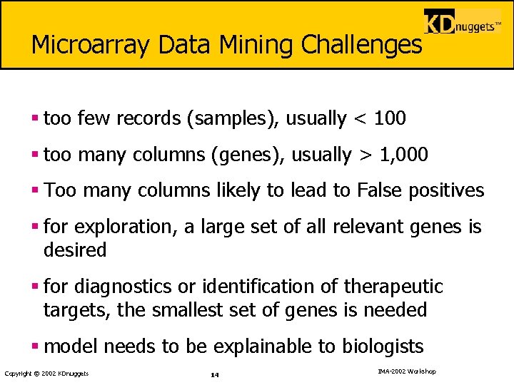 Microarray Data Mining Challenges § too few records (samples), usually < 100 § too