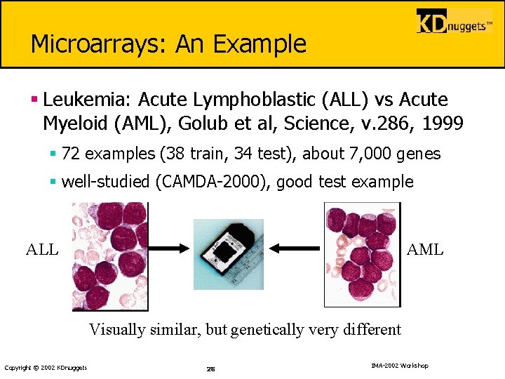 Microarrays: An Example § Leukemia: Acute Lymphoblastic (ALL) vs Acute Myeloid (AML), Golub et