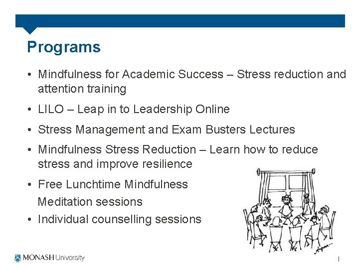 Programs • Mindfulness for Academic Success – Stress reduction and attention training • LILO